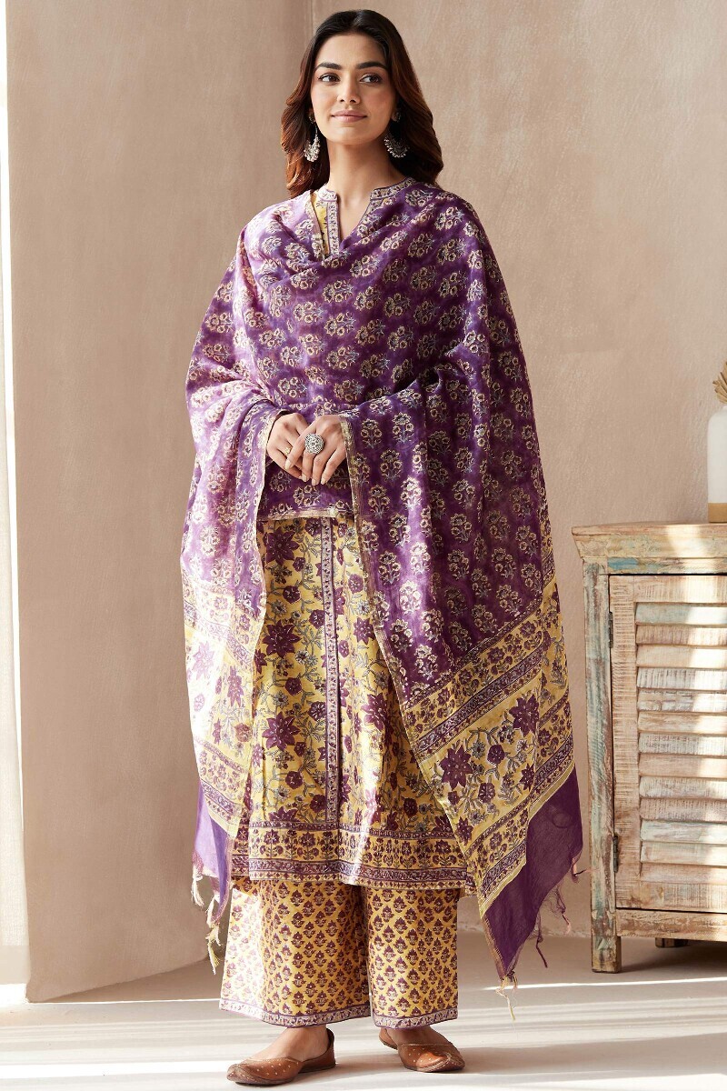 Yellow Hand Block-Printed A-Line Chanderi Kurta