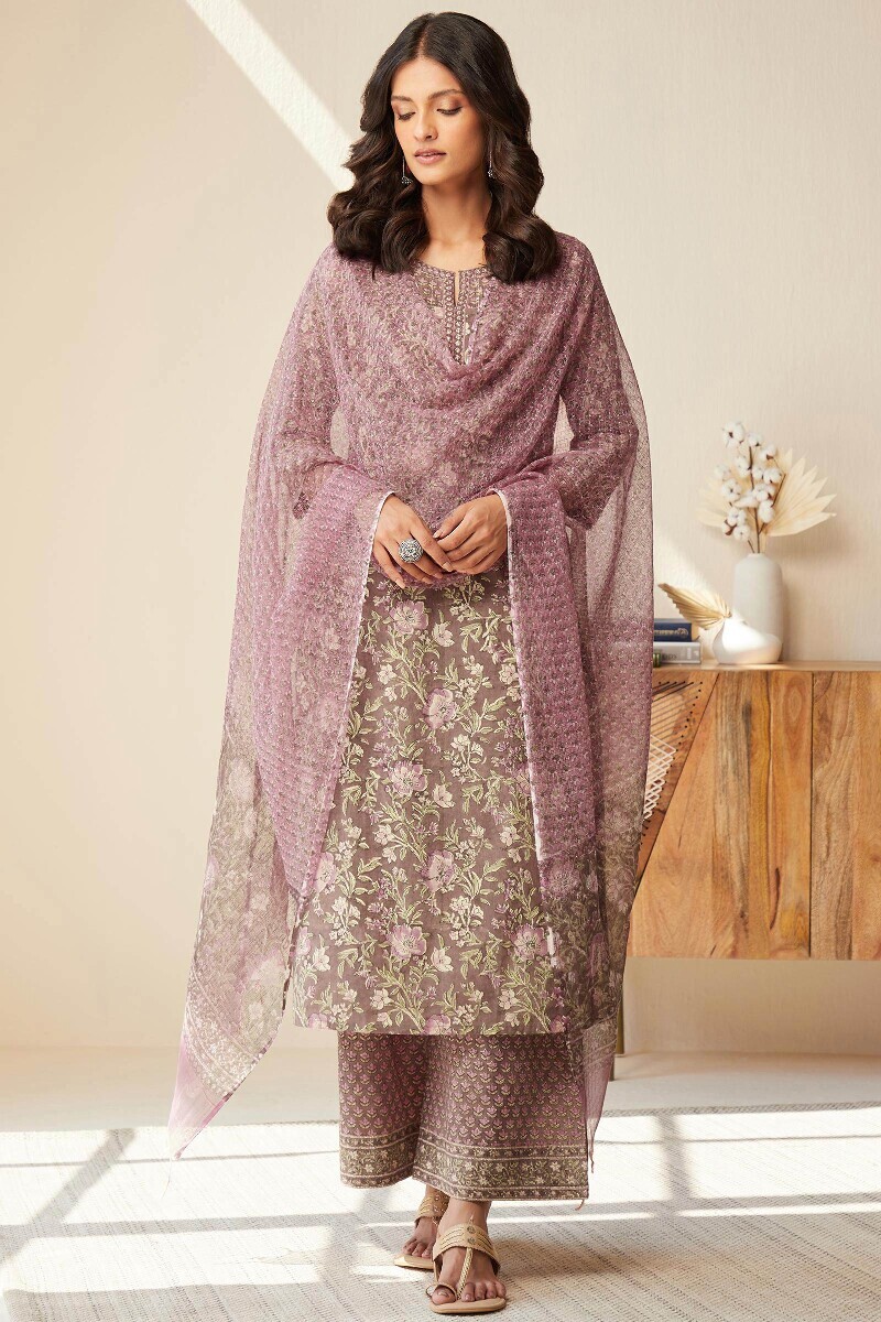 Brown Hand Block-Printed Straight Cotton Kurta