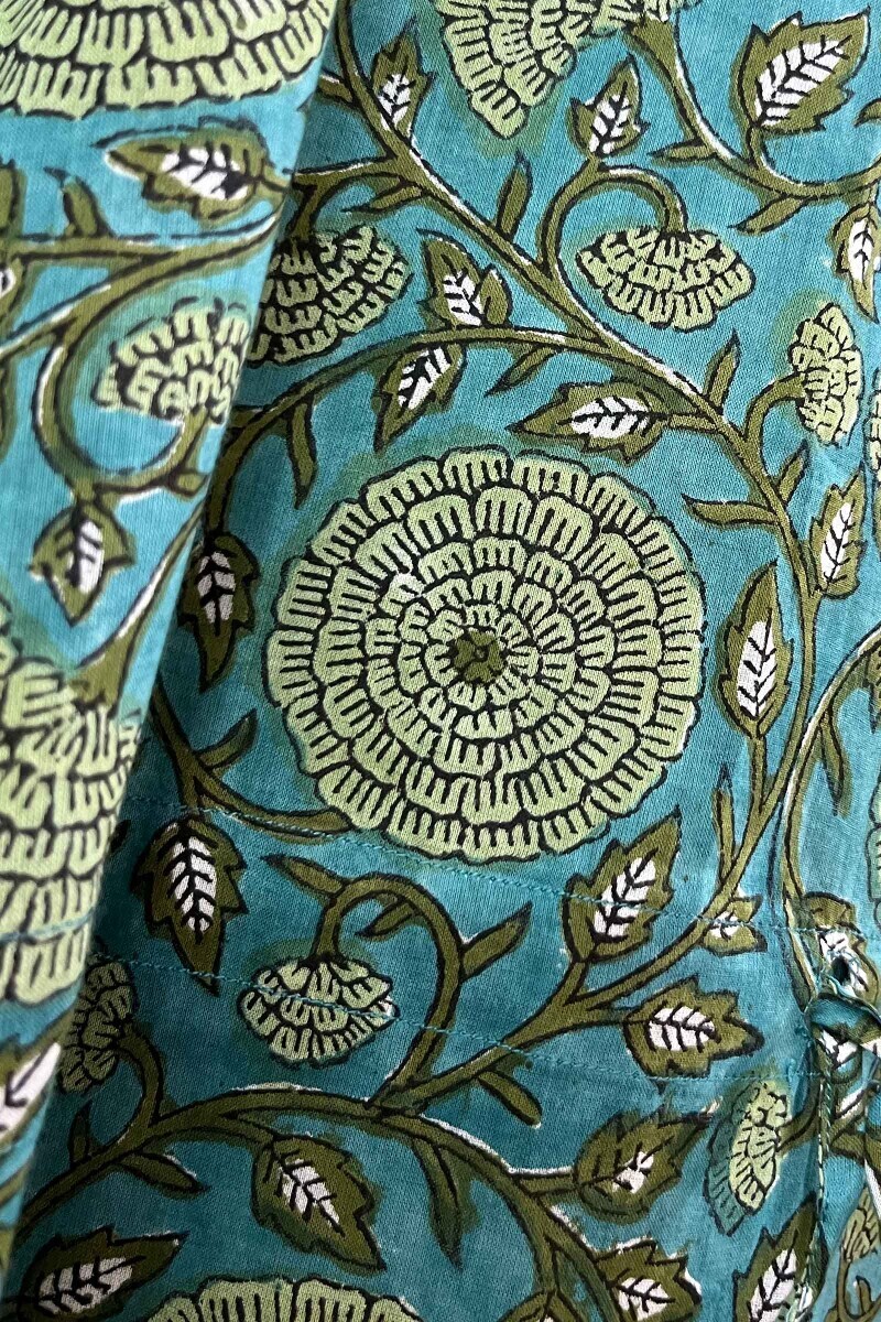 Turquoise Hand Block-Printed Cotton Kaftan