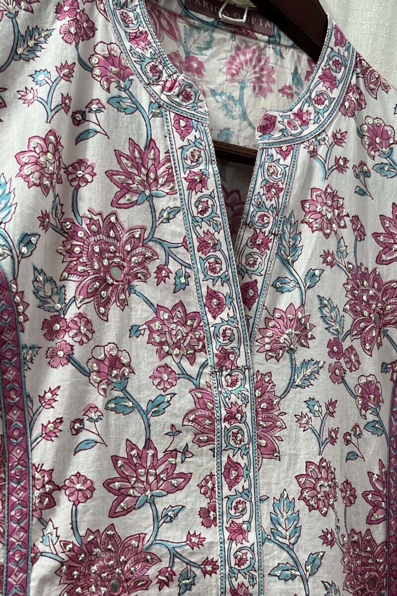 White Hand Block-Printed A-Line Cotton Kurta
