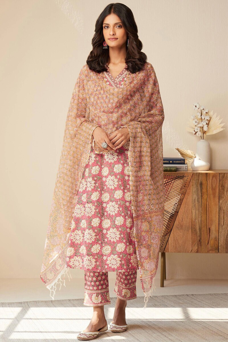 Pink Hand Block-Printed Kurta