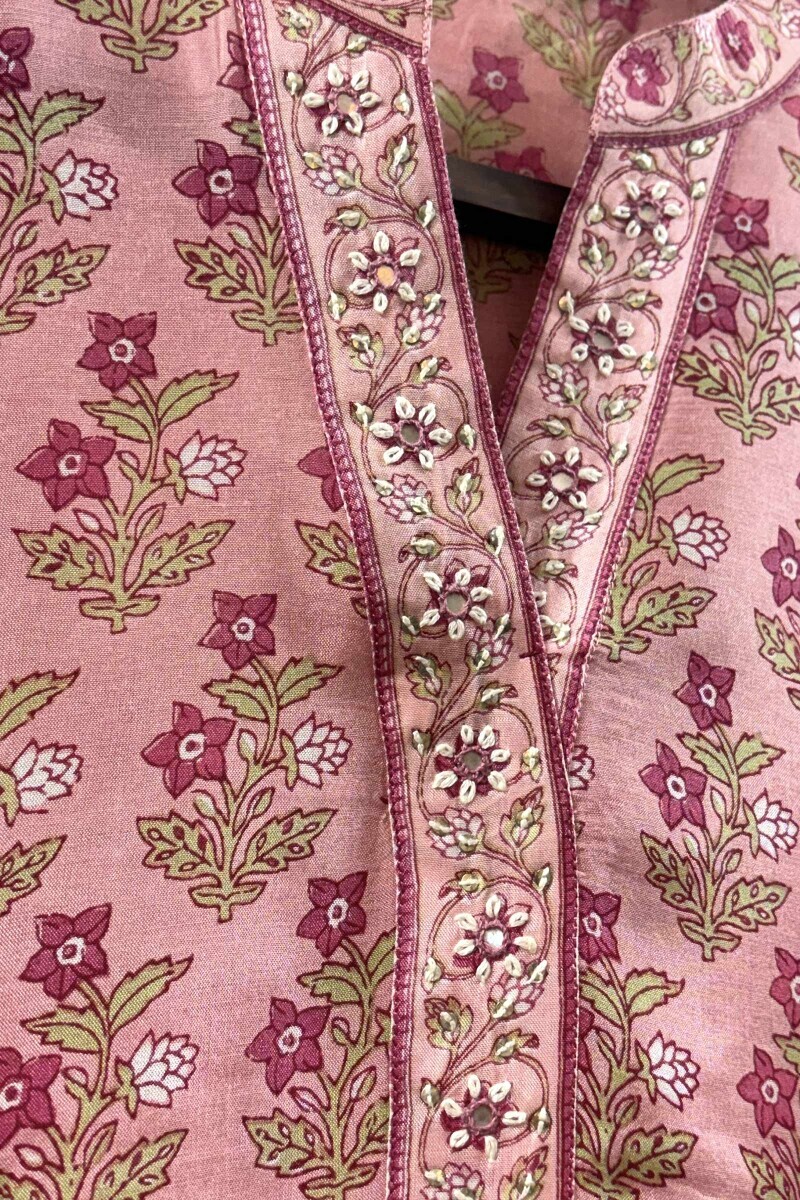 Pink Hand Printed Straight Viscose Kurta
