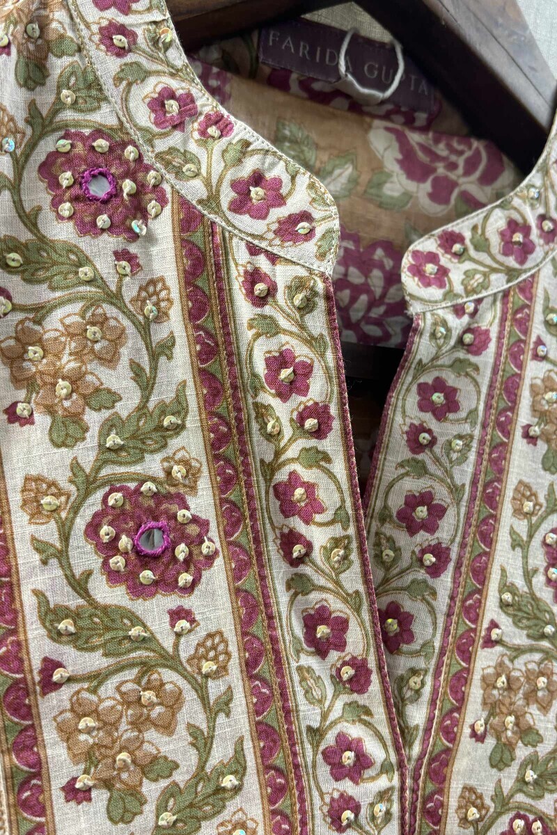 Mustard Hand-Printed Straight Cotton Slub Kurta