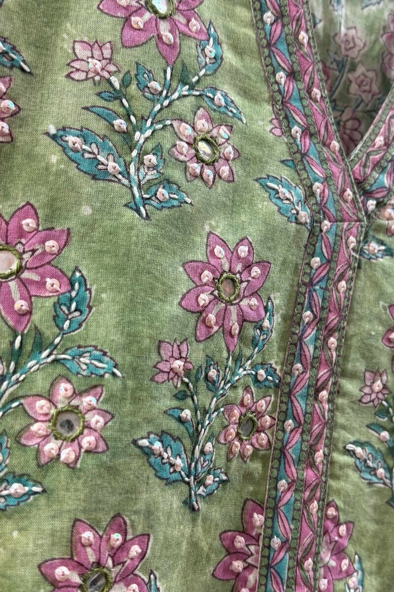 Green Hand Block-Printed Straight Cotton Kurta