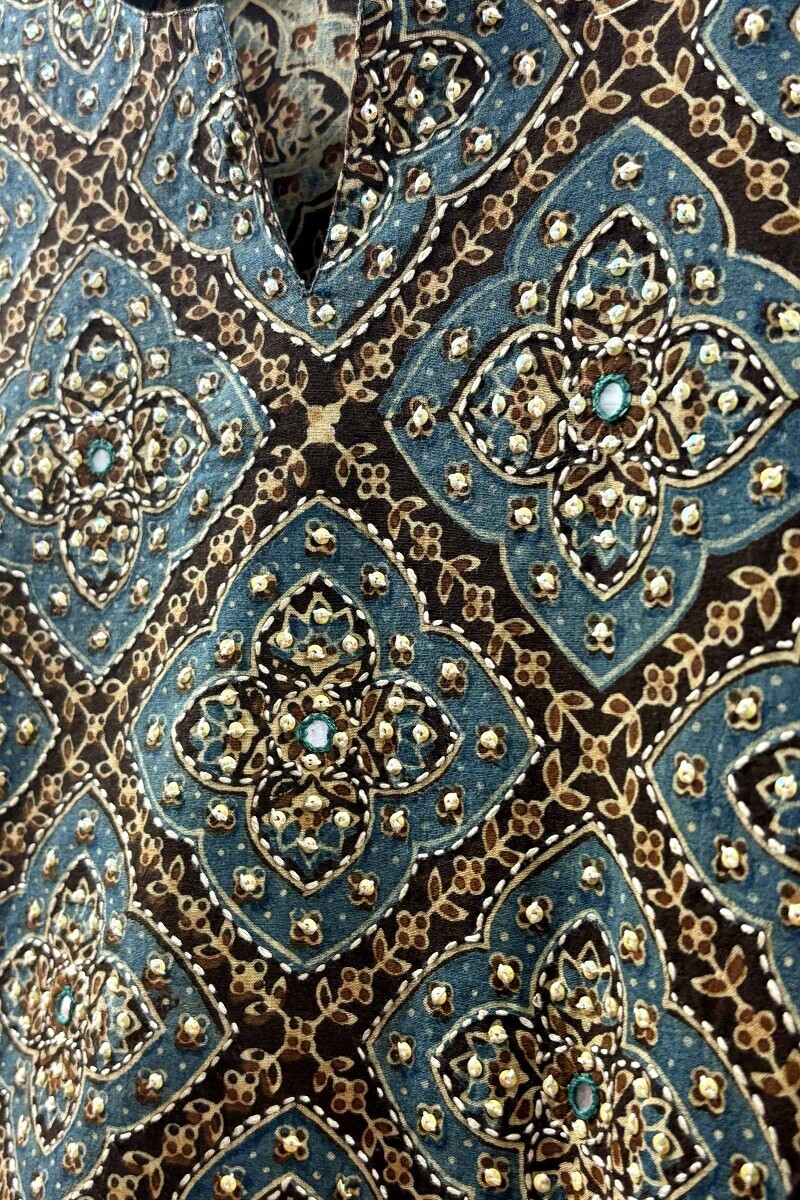 Brown Hand Block-Printed Straight Kurta