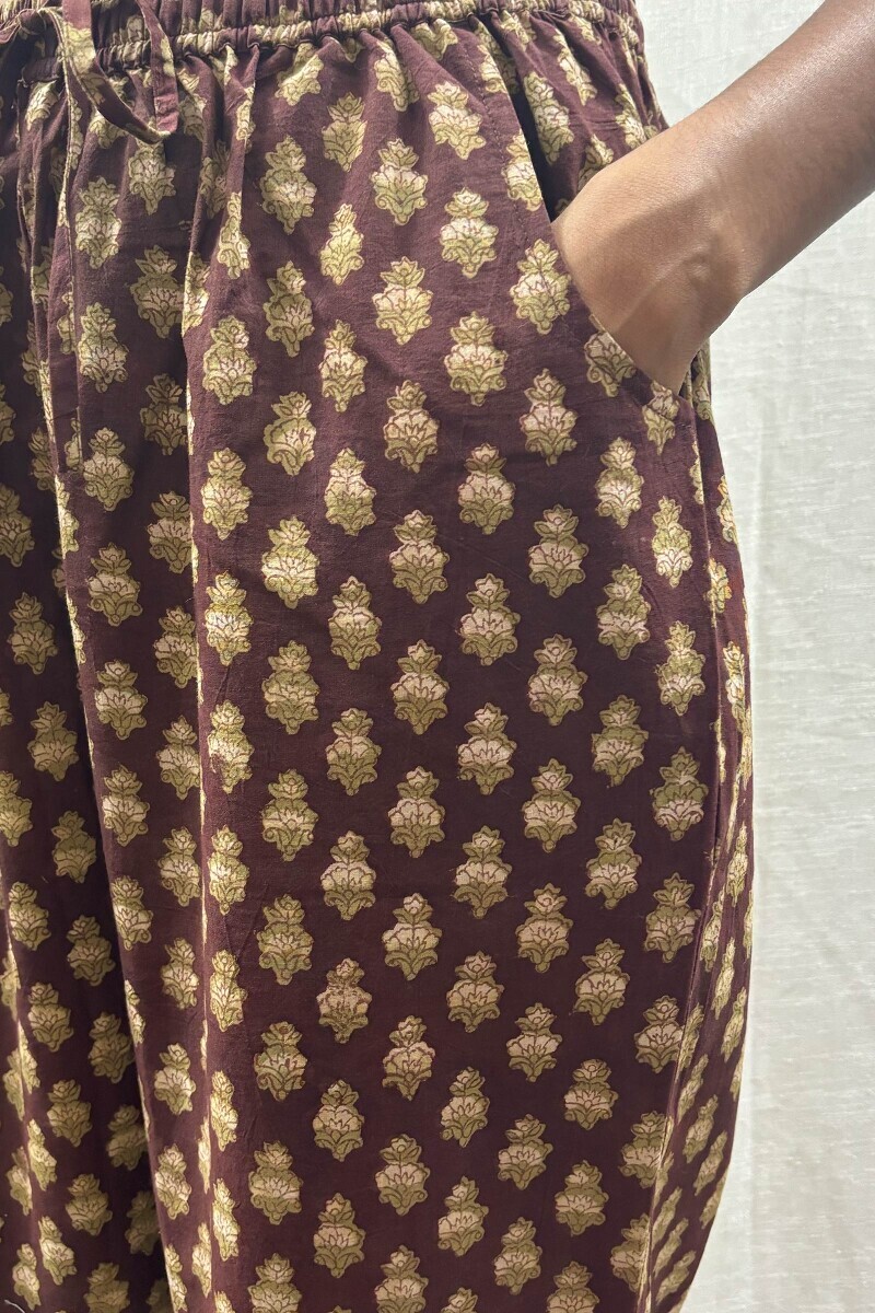 Brown Hand Block-Printed Narrow Pants