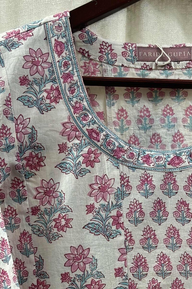 White Hand Block-Printed A-Line Cotton Kurta