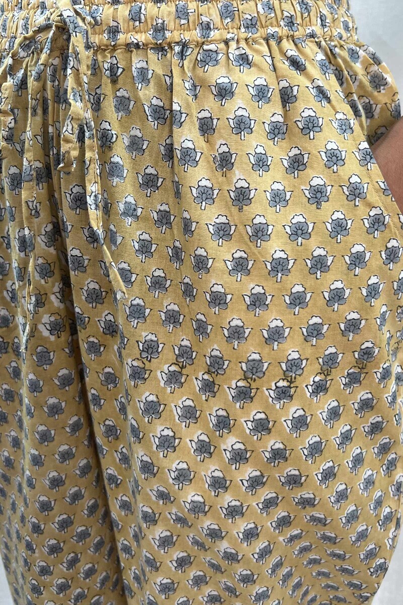 Yellow Hand Block-Printed Cotton Narrow Pants