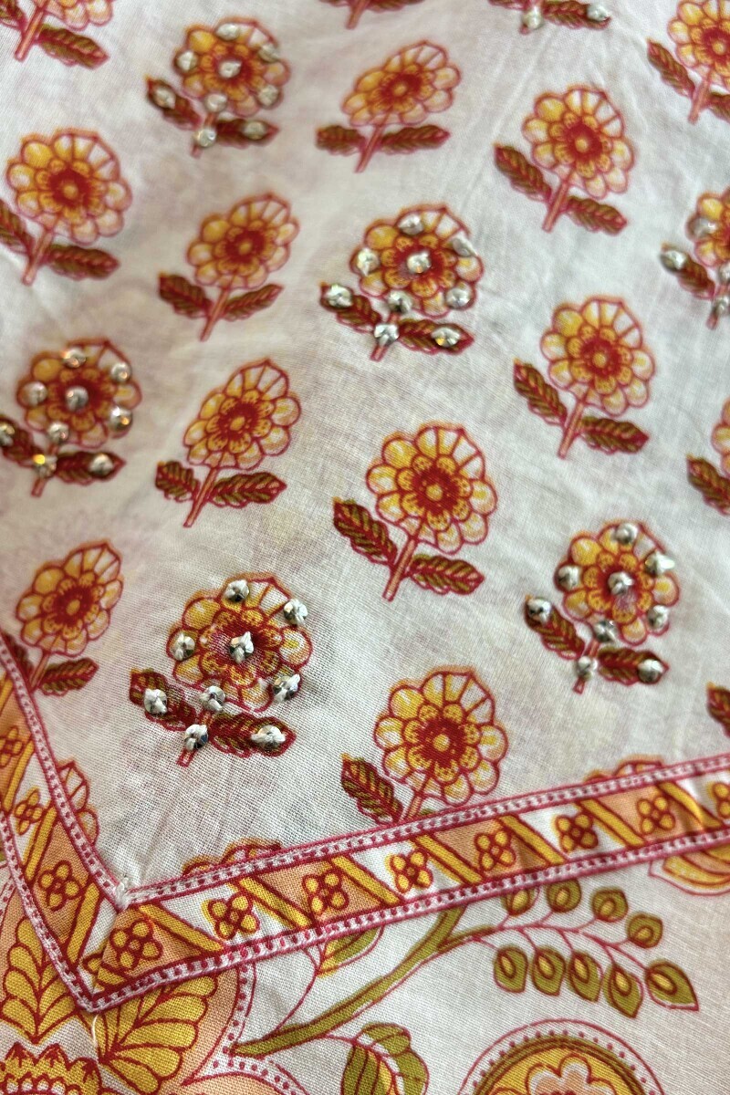 White Hand Printed Straight Cotton Kurta