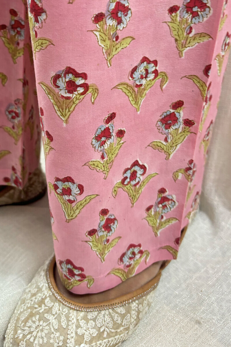 Pink Hand Block-Printed Cotton Straight Farsi