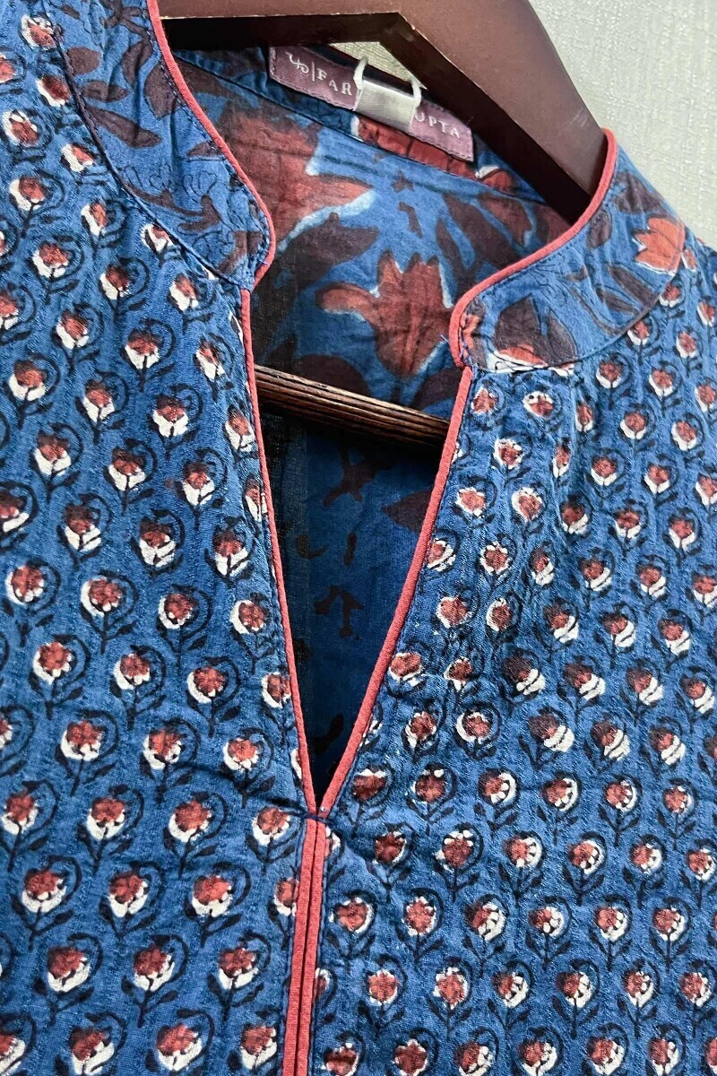 Indigo Hand Block-Printed Straight Cotton Kurta