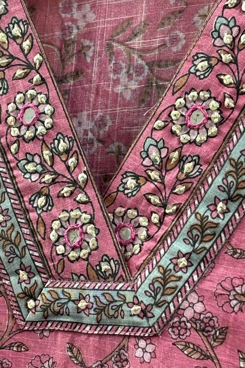 Pink Hand Printed Straight Kurta