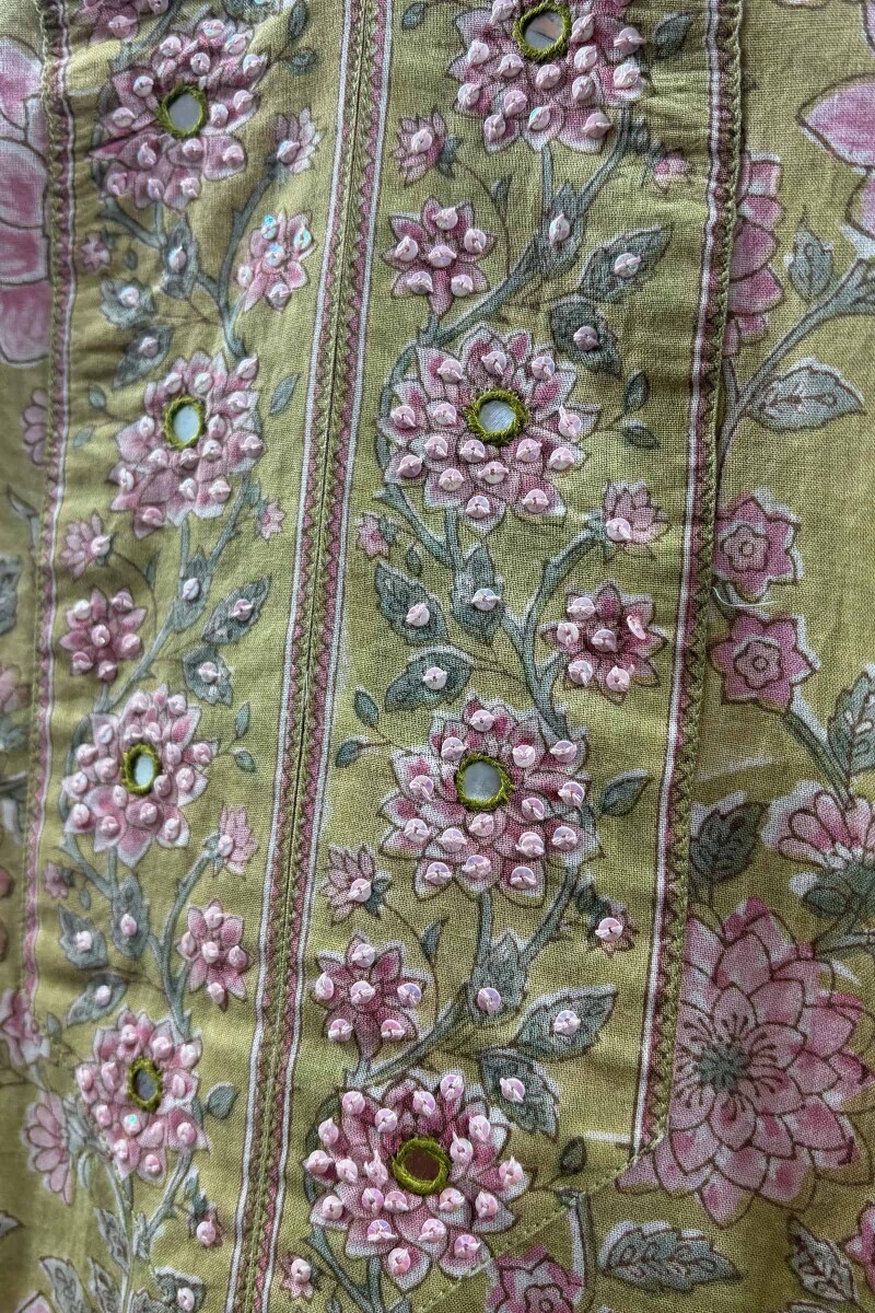 Green Hand Block-Printed Straight Cotton Kurta