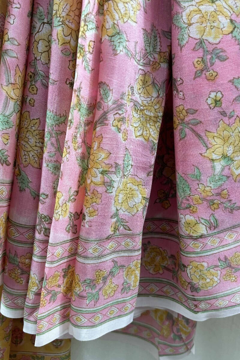 Pink Hand Block-Printed Saree
