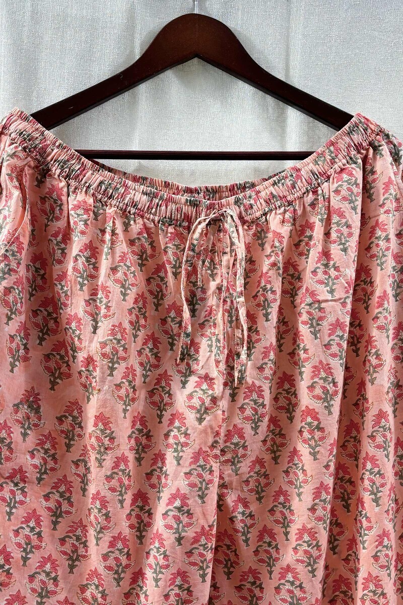 Peach Hand Block-Printed Cotton Straight Farsi
