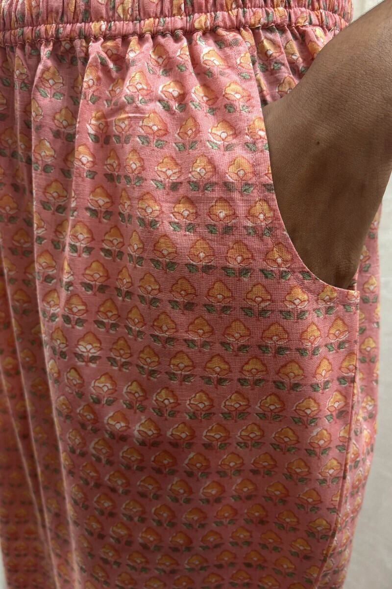 Peach Hand Block-Printed Cotton Slub Narrow Pants