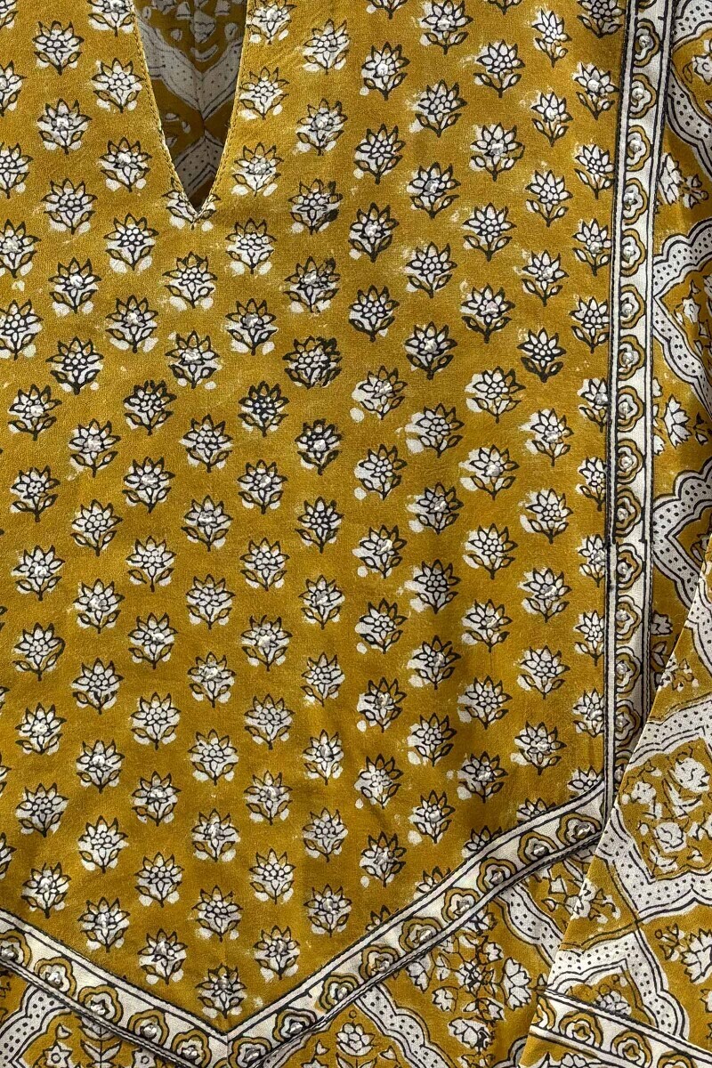 Mustard Hand Block-Printed Viscose Kurta