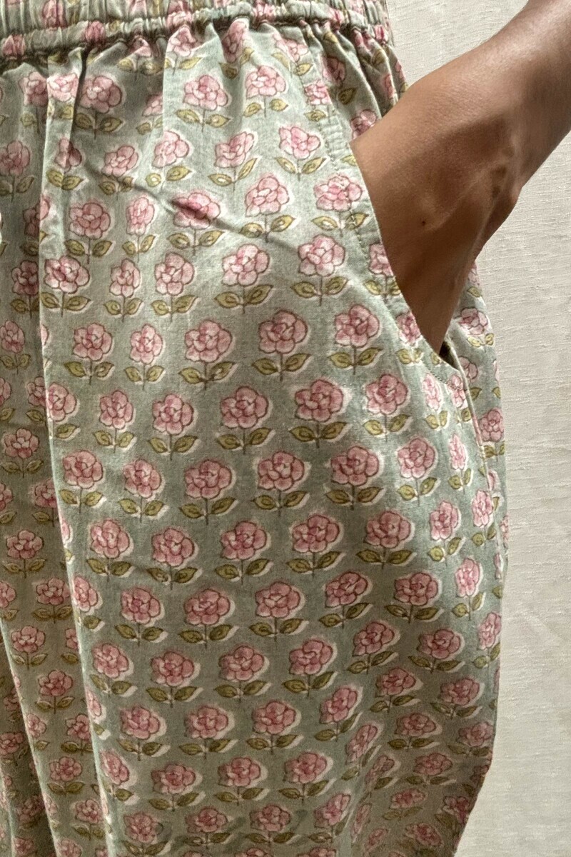 Green Hand Block-Printed Cotton Narrow Pants
