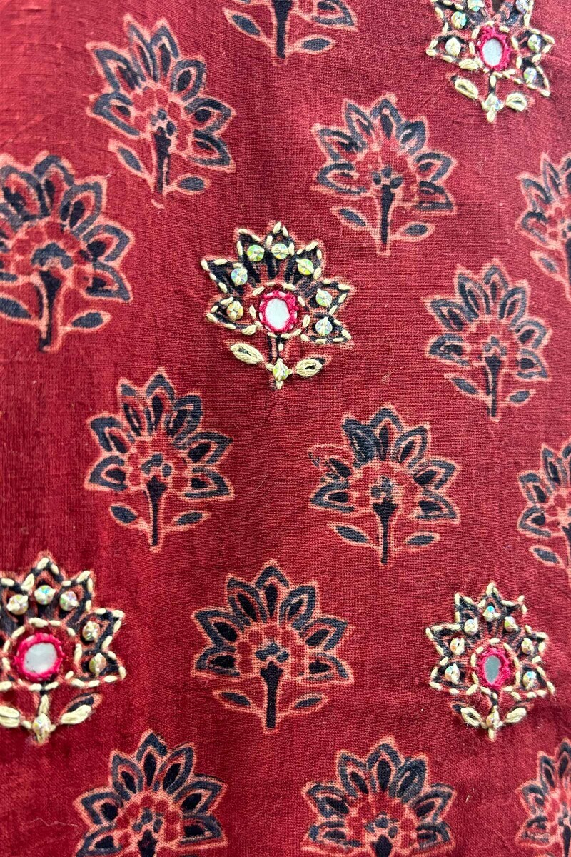 Red Hand Block-Printed Kurta for Women