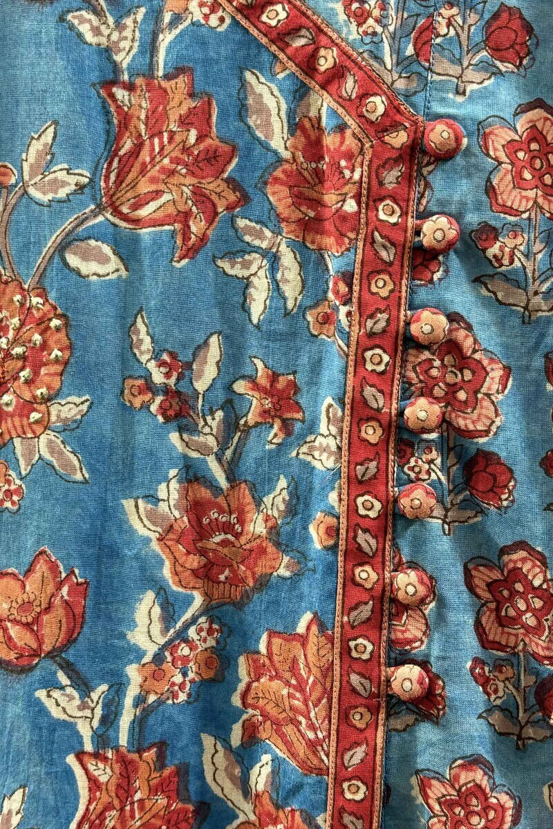 Blue Hand Block-Printed Angrakha Kurta
