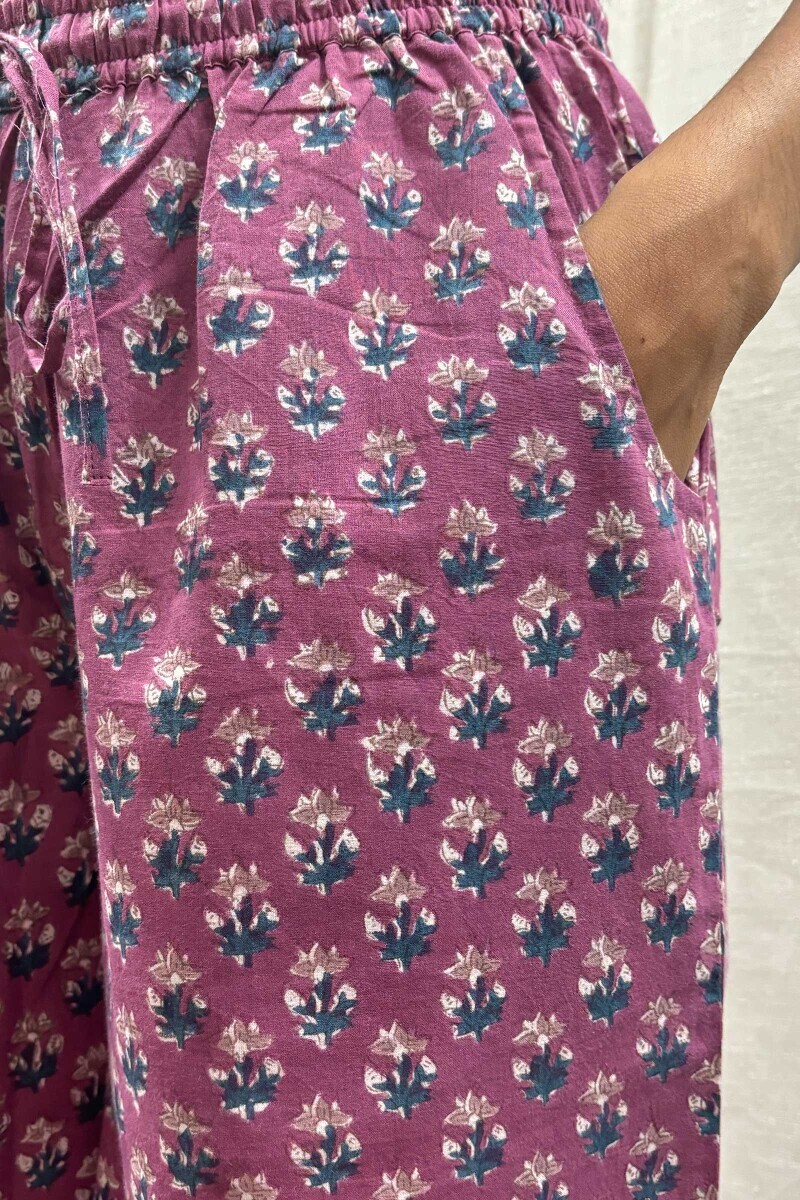 Purple Hand Block-Printed Cotton Palazzo