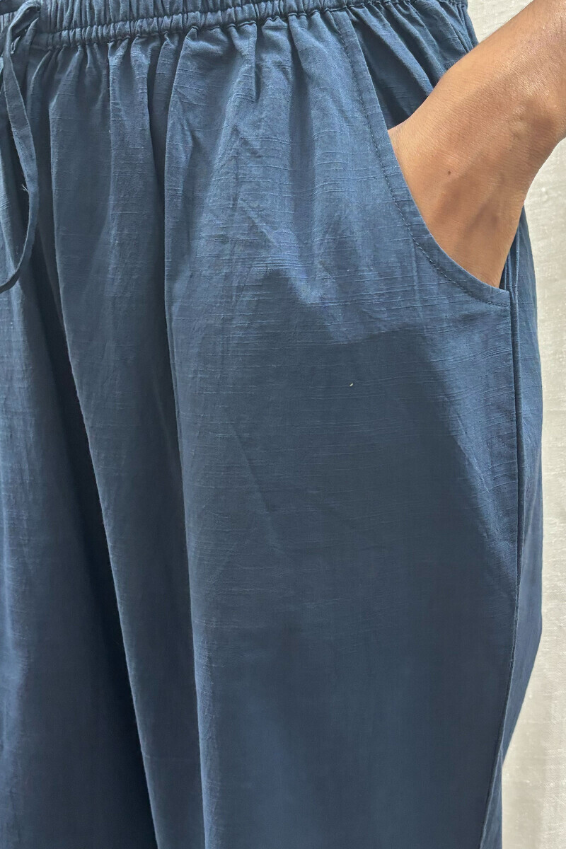 Blue Handcrafted Cotton Slub Narrow Pants