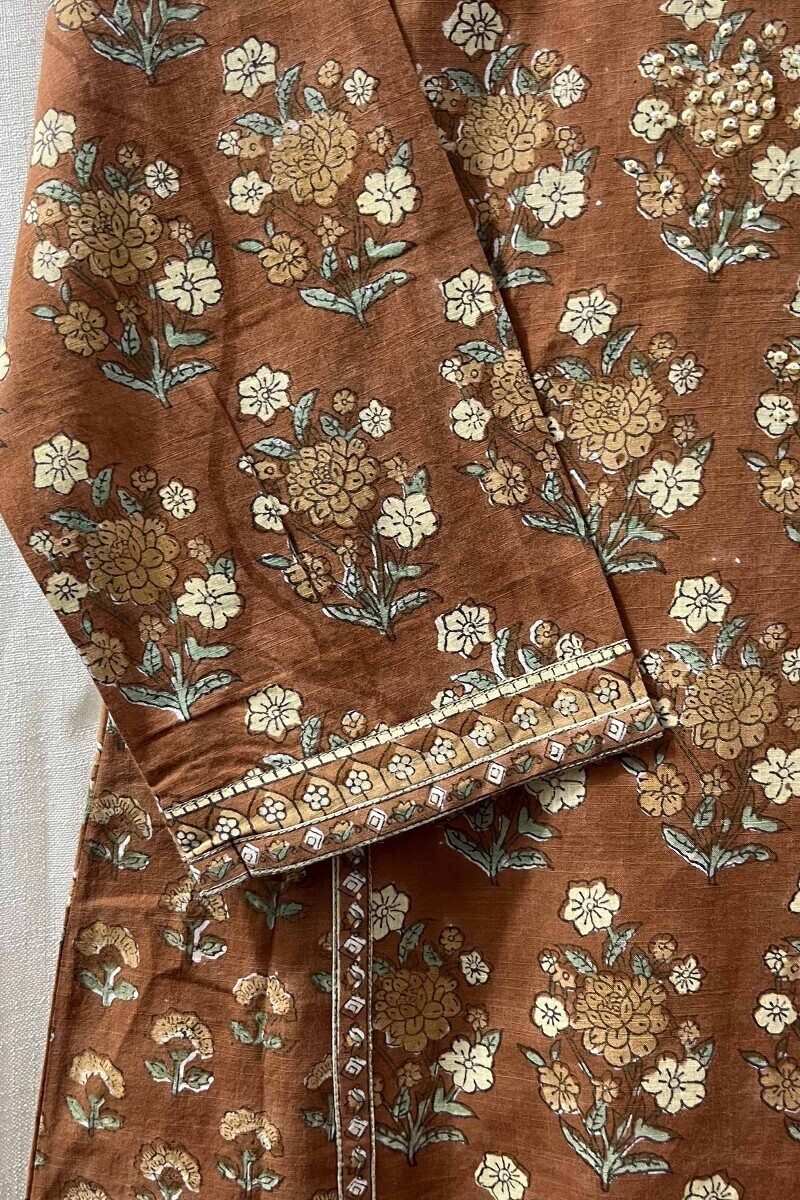 Brown Hand Block-Printed Kurta