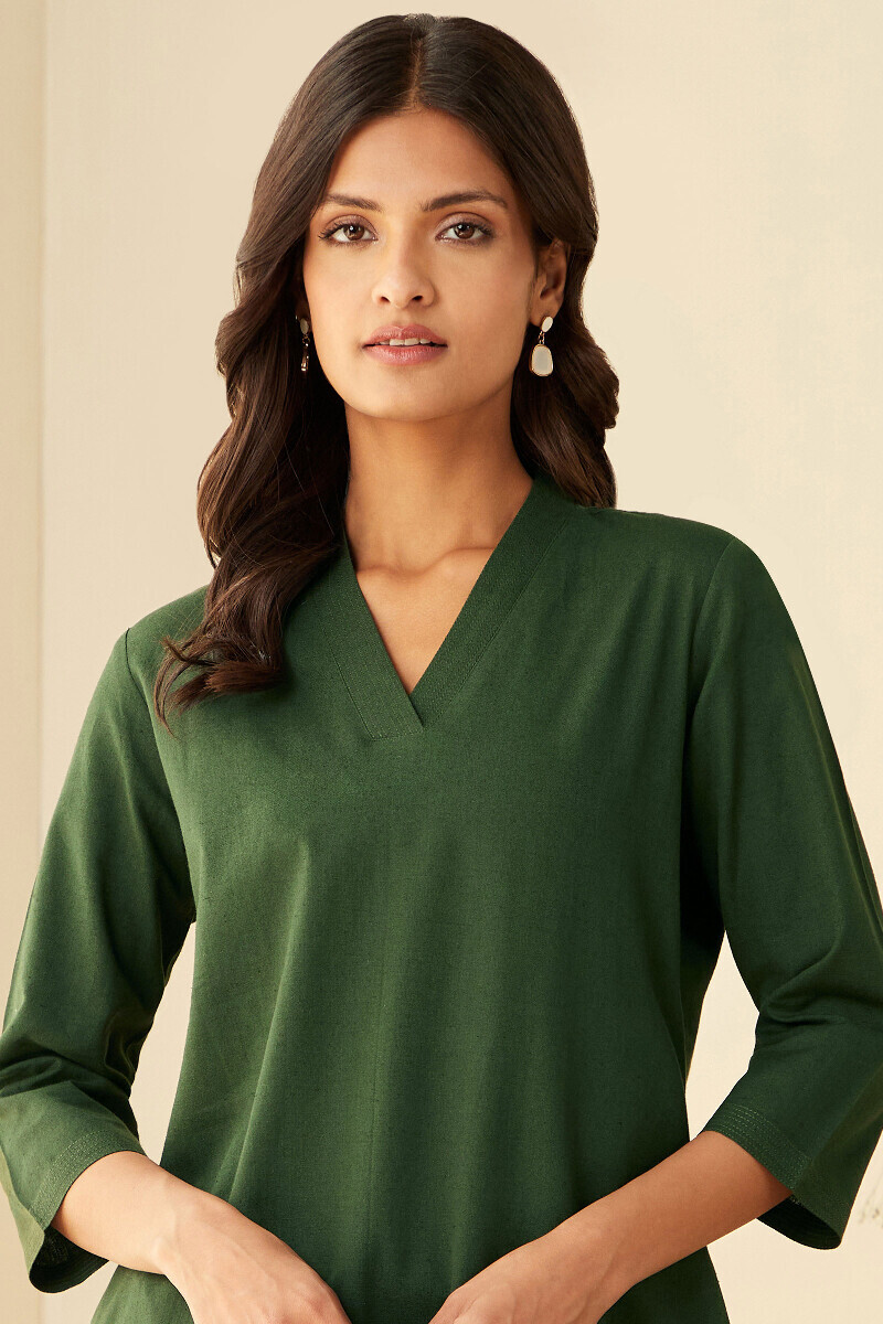 Forest Green Handcrafted Straight Cotton Flax Kurta