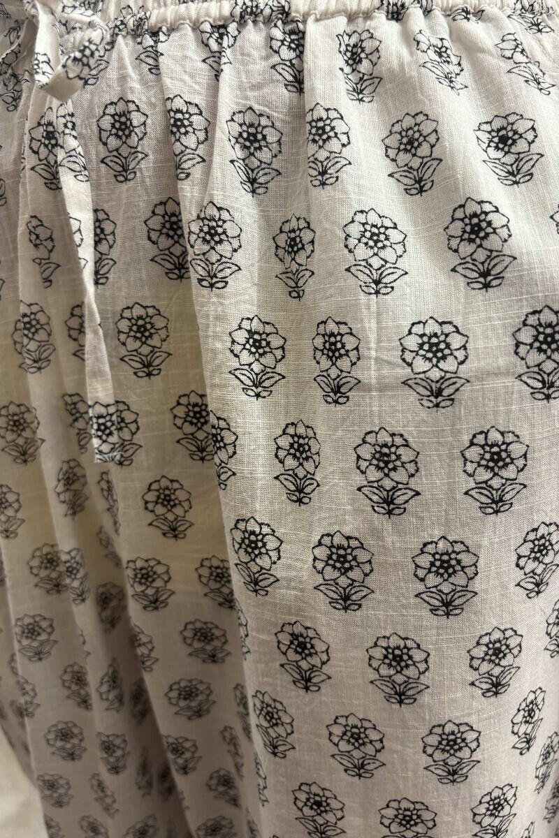 White Hand Block-Printed Cotton Slub Narrow Pants