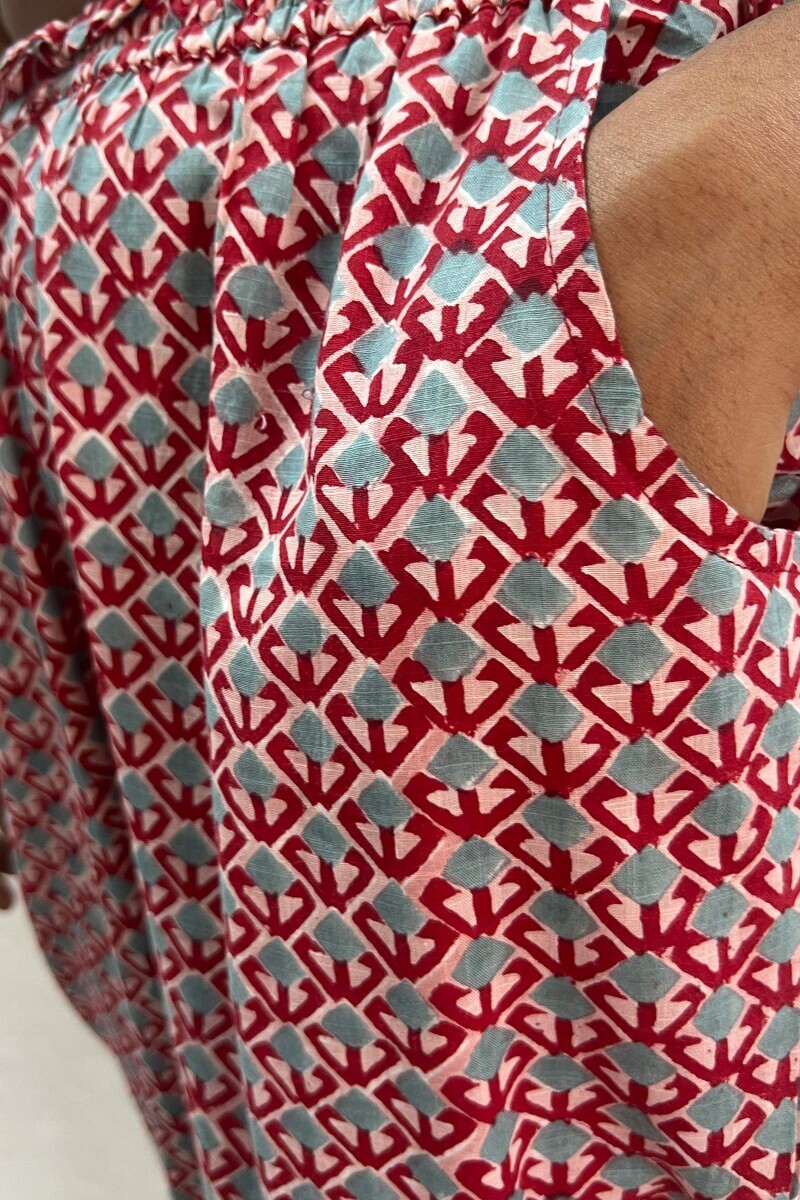 Red Hand Block-Printed Cotton Narrow Pants