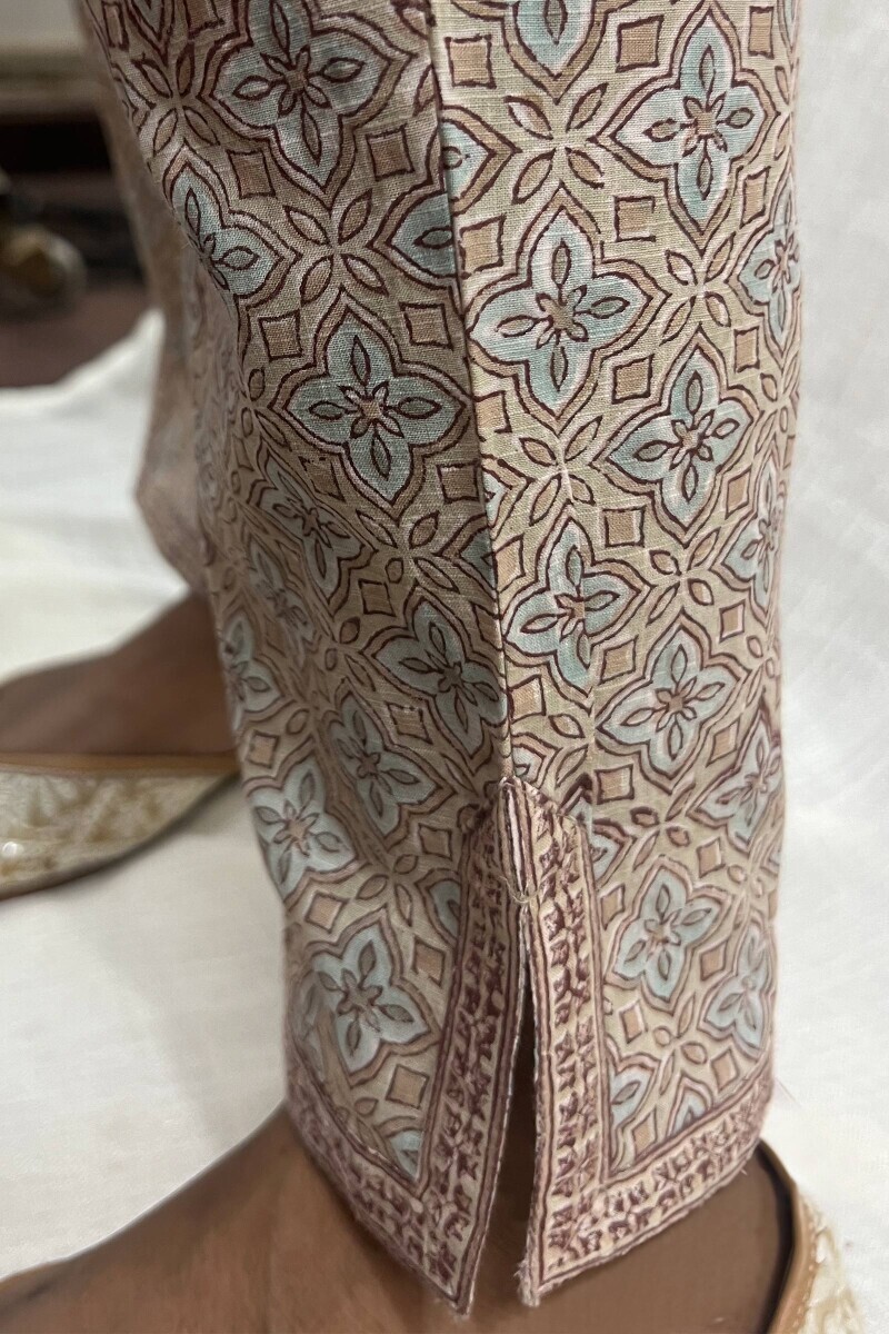 Brown Hand Block-Printed Cotton Slub Narrow Pants