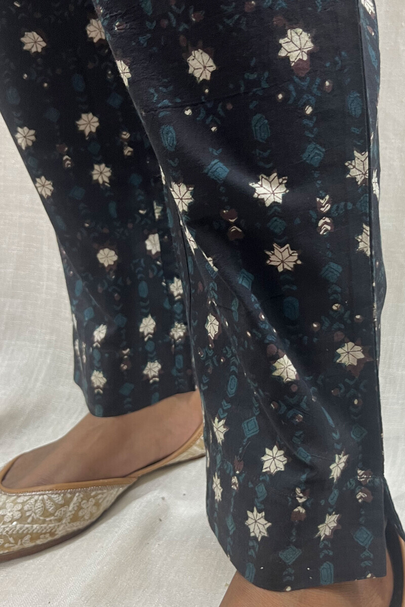 Black Hand Block-Printed Cotton Narrow Pants
