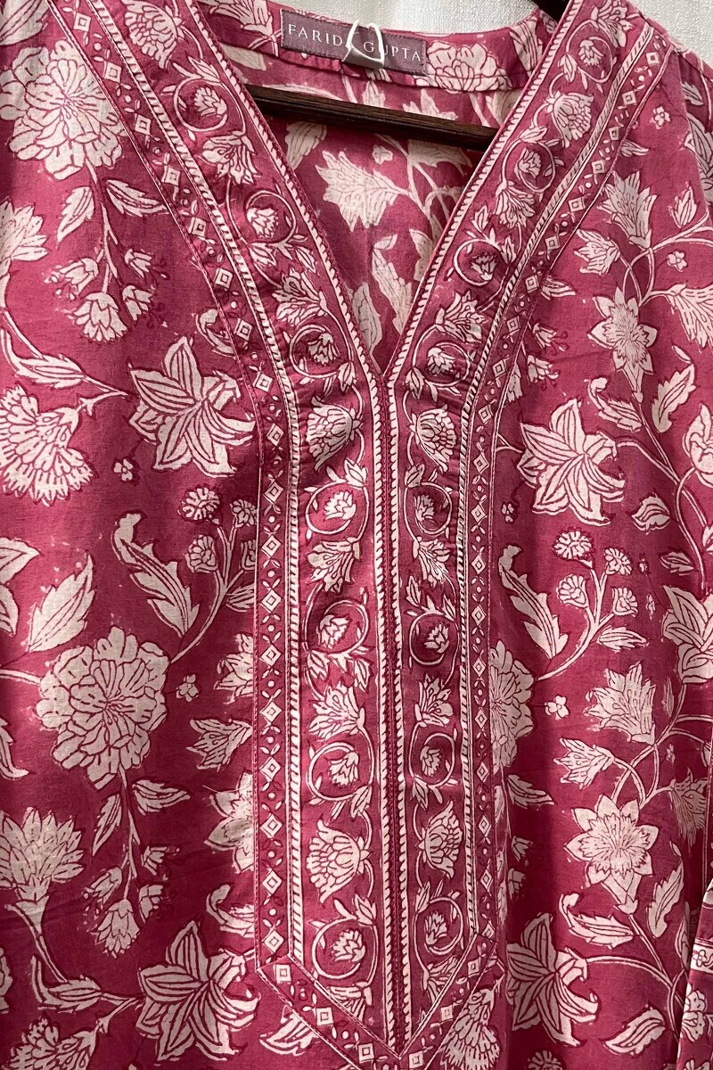 Pink Hand Block-Printed Straight Cotton Kurta