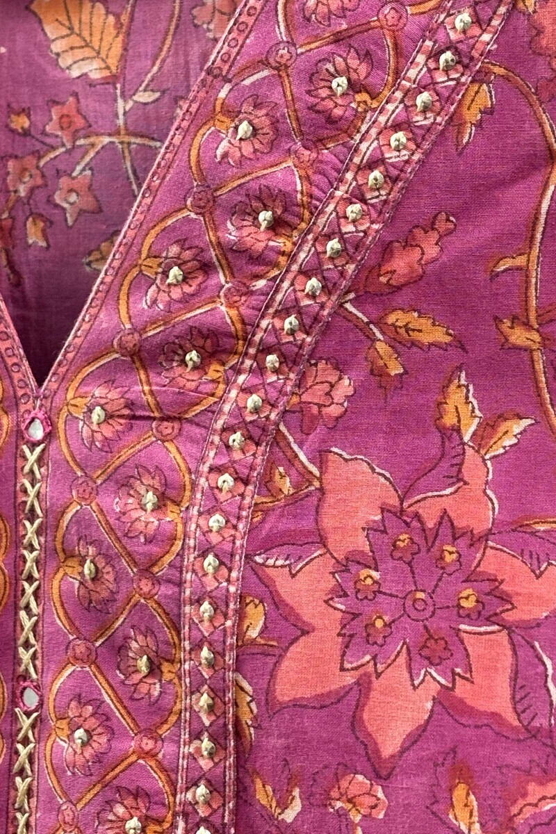 Purple Hand Block-Printed Straight Cotton Kurta