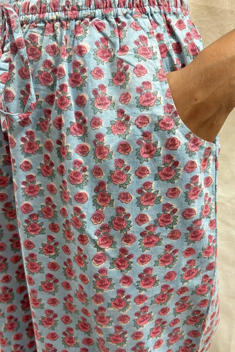 Blue Hand Block-Printed Cotton Straight Farsi