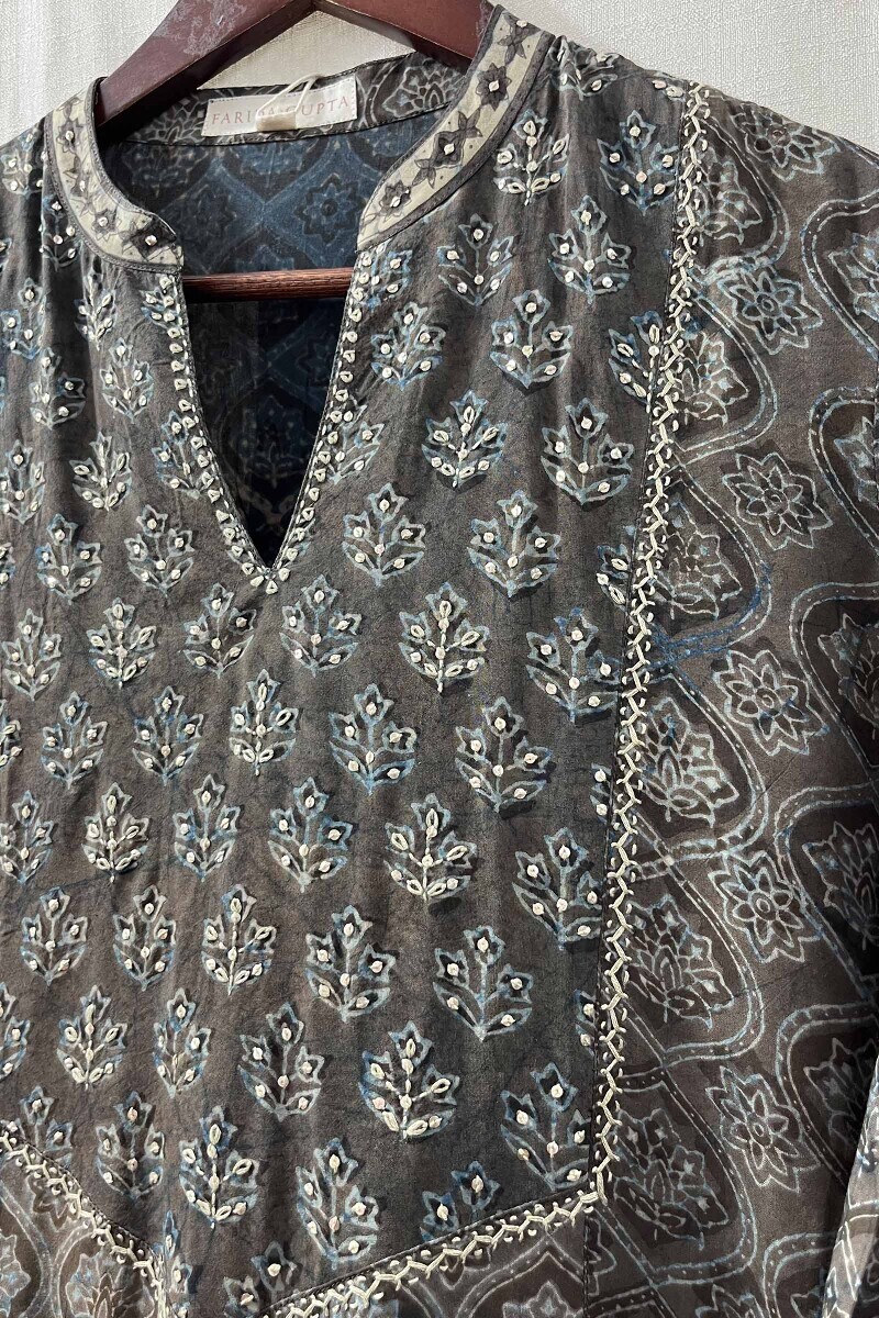 Grey Hand Block-Printed Kurta