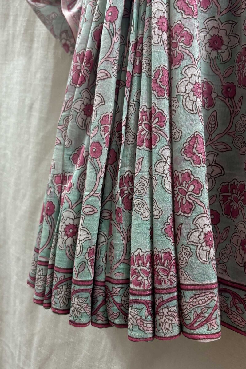 Blue Hand Block-Printed Saree