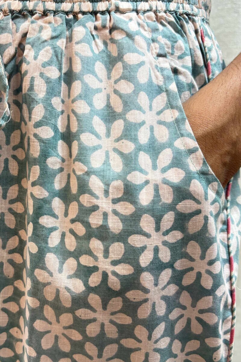 Blue Hand Block-Printed Cotton Slub Straight Farsi