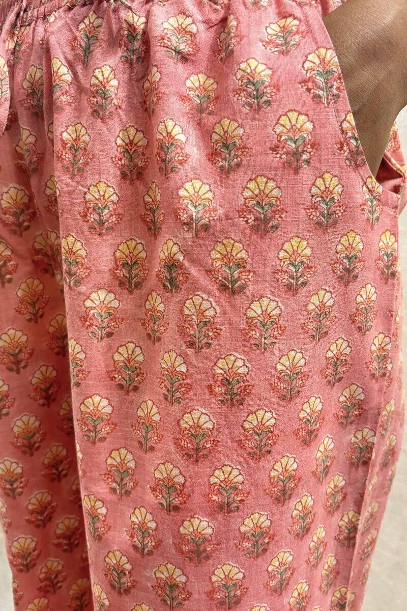 Peach Hand Block-Printed Cotton Farsi