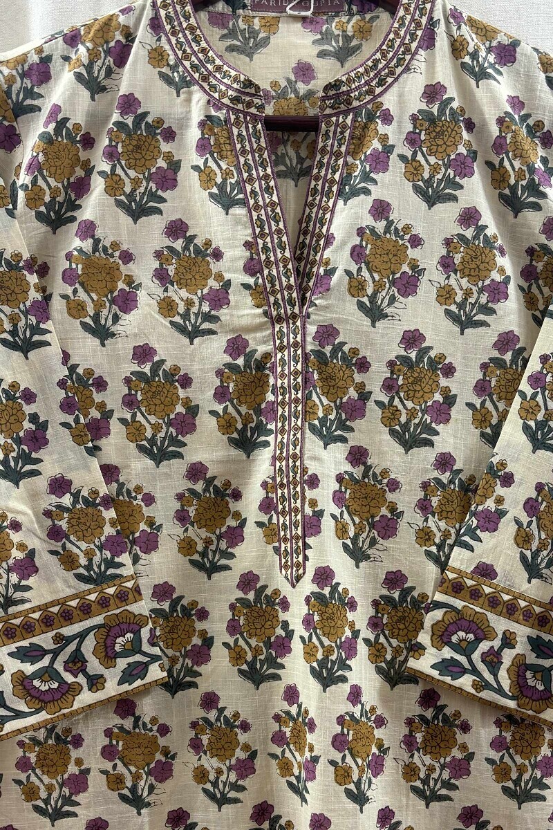 Cream Hand Printed Kurta