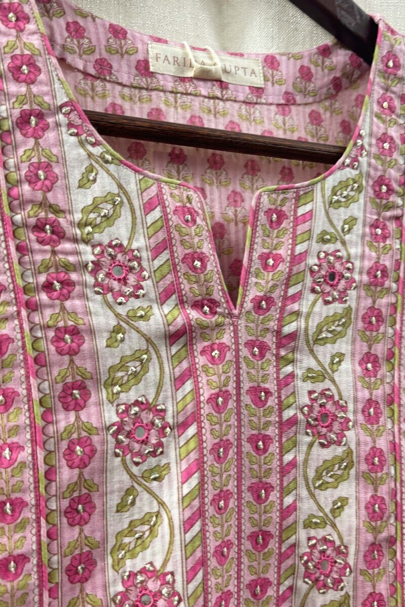 Pink Hand Screen-Printed Kurta