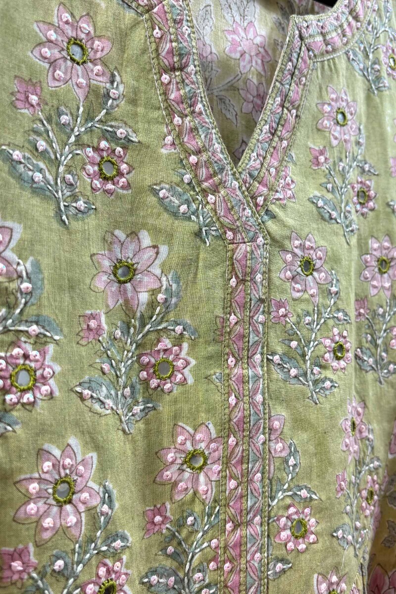 Green Hand Block-Printed Straight Cotton Kurta