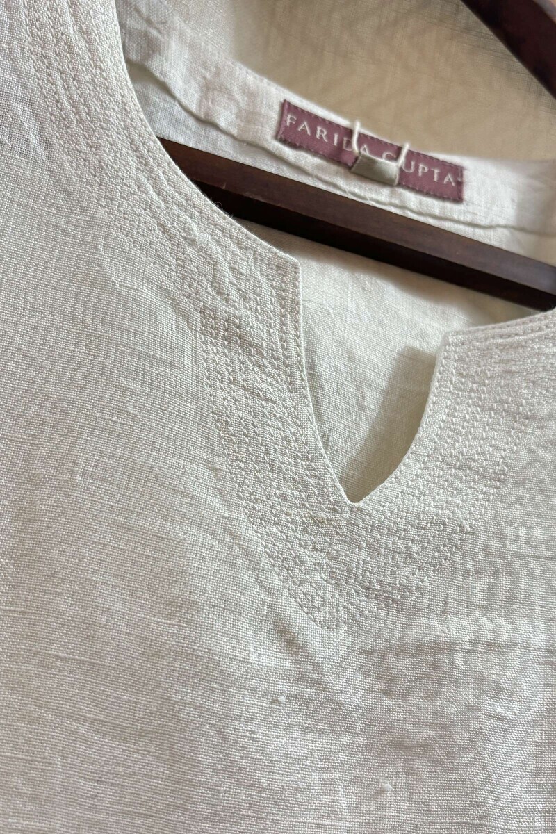 White Handcrafted Straight Pure Linen Kurta