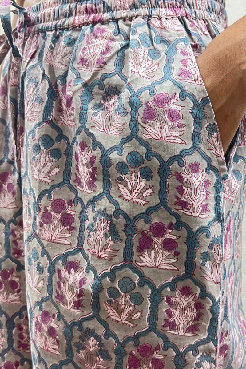 Grey Hand Block-Printed Cotton Straight Farsi