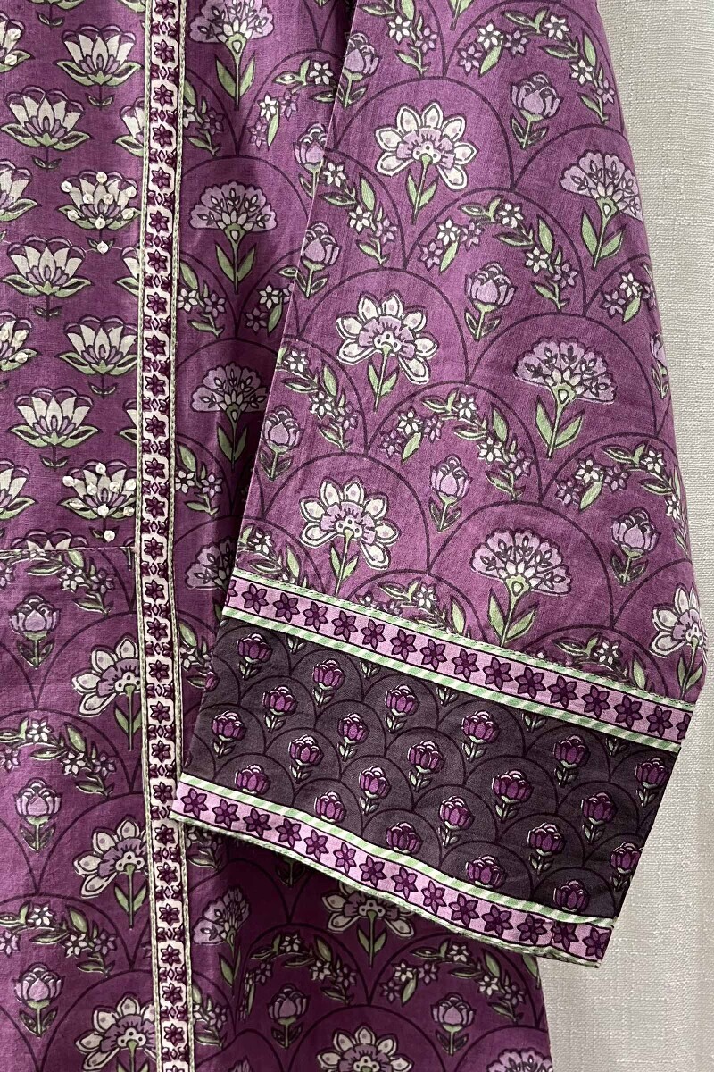 Purple Hand Printed Straight Cotton Kurta