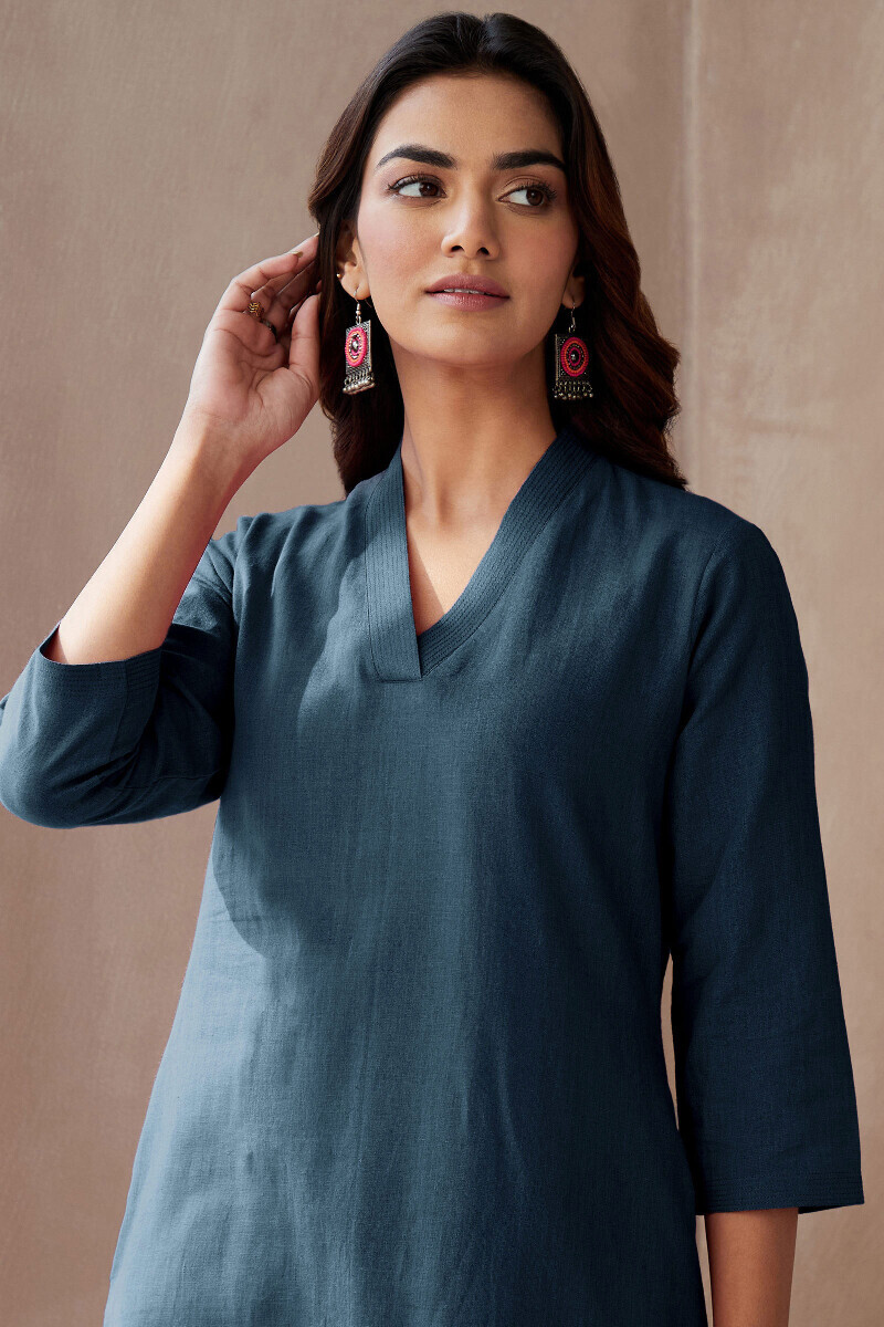 Blue Handcrafted Cotton Straight Kurta
