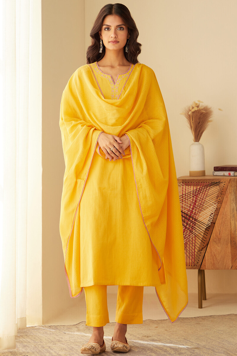 Yellow Handcrafted Straight Cotton Flax Kurta