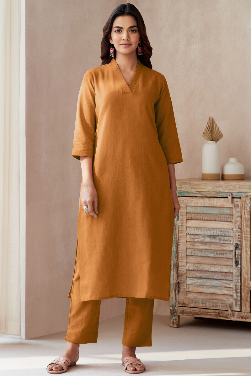 Rust Handcrafted Straight Cotton Flax Kurta