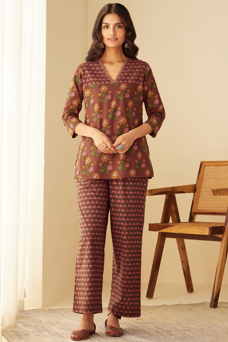 Brown Hand Printed Cotton Loungewear Set