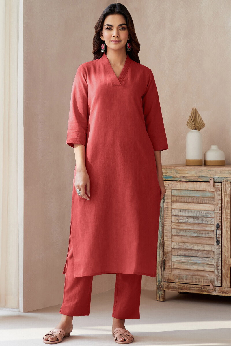 Brick Red Handcrafted Straight Cotton Flax Kurta
